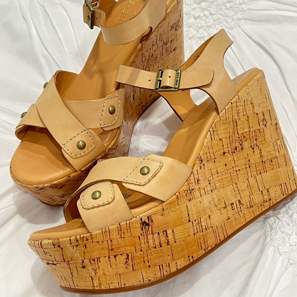 Original Kork-Ease Tan Leather and Cork Style Platform Wedge Sandal - size 7/38